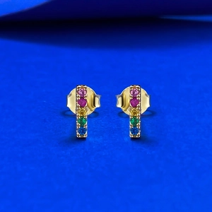 925 Sterling Silver Earring Post Colorful Rainbow Rhinestone Stud Earrings Gold Plated Geometric Bar Earrings For Women Jewelry Gift