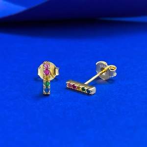 Golden S925 silver bar earrings with five colorful rainbow zircon stones