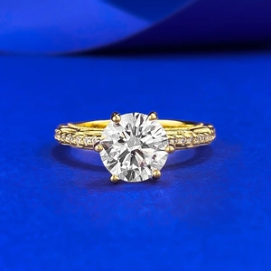 Luxury 925 Sterling Silver Gold Plated Round White Rhinestone Ring Geometric Six Prong Setting Fashion Jewelry Ring For Women