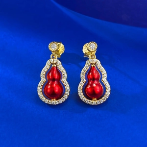 Boucles d'Oreilles Clous Hulu Calebasse en Argent Sterling 925 Style Néo-Chinois pour Femme Plaqué Or Émail Rouge Strass Bijoux