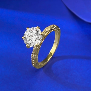 Classic S925 sterling silver gold-plated ring with a 6-prong round brilliant-cut stone