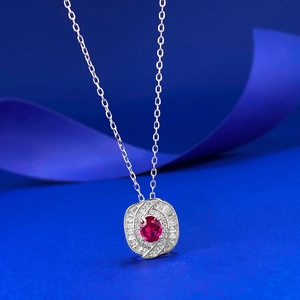 Elegant S925 silver necklace with oval red gemstone and woven diamond-set pendant