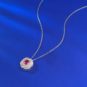 Elegant S925 silver necklace with oval red stone pendant and sparkling zircon accents