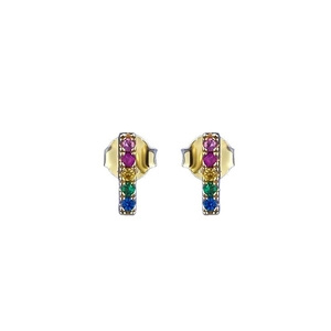 Vertical gold S925 silver stud earrings with five colorful rainbow gemstones
