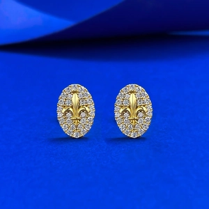 Vintage French Fleur-De-Lis 925 Sterling Silver Stud Earrings Gold Plated Oval Zirconia Inlaid Jewelry For Women Gift