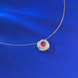 Elegant S925 silver necklace with oval red gemstone pendant and sparkling diamond halo