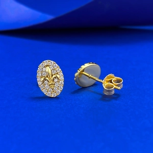 Oval gold-plated fleur-de-lis earrings with micro-pave white zircon inlay details