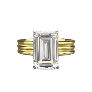 Elegant gold plated S925 silver ring with emerald cut crystal and triple band design