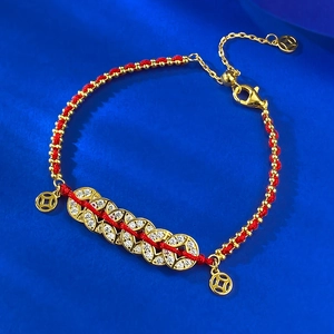 S925 Sterling Silver Red String Bracelet New Chinese Style Five Emperors Coins Rhinestone Inlaid Adjustable Good Luck Charm Bracelet For Women