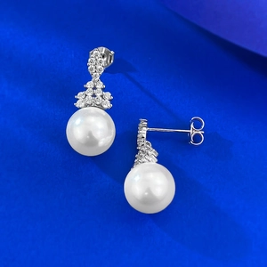 Elegant S925 silver 10mm pearl drop earrings with sparkling zircon for women's jewelry
