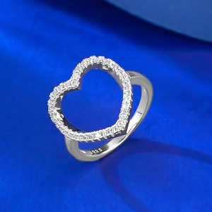 S925 sterling silver hollow heart ring featuring sparkling pavé cubic zirconia accents