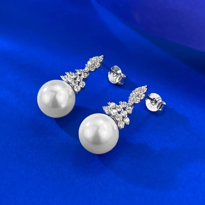 Elegant S925 silver 10mm white pearl earrings with sparkling zircon inlay on blue background