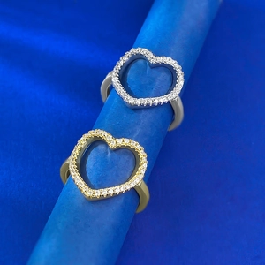 S925 sterling silver heart-shaped open rings with pavé zircon in gold and silver