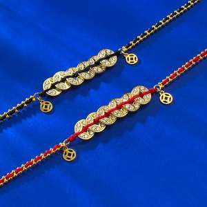 Traditional red and black cord bracelets with gold coin charms and zircon inlay