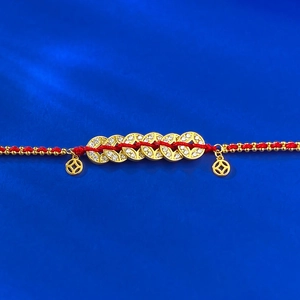 S925 silver red string bracelet featuring golden coins and sparkling crystal accents