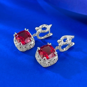 Vintage S925 silver stud earrings with square red gemstone and intricate floral details