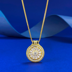 Elegant gold S925 silver compass necklace with floral zircon pendant on blue silk