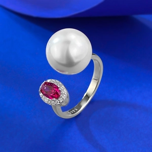 925 Sterling Silver Open Adjustable Ring With White Shell Artificial Pearl And Oval Red Zirconia Elegant Fashion Jewelry For Women Banquet Party Gift