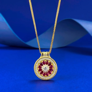 925 Sterling Silver Red Pomelo Compass Pendant Necklace Gold Plated Flower Rhinestone Inlaid Fashion Jewelry For Women Gift