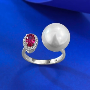 S925 silver open ring with pigeon blood red zircon and 12mm white shell pearl