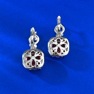 Vintage S925 silver stud earrings with 10x10mm square red stones and floral hollow back