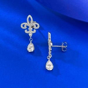 Elegant S925 silver fleur-de-lis drop earrings with sparkling cubic zirconia stones