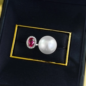 S925 silver open ring with round white pearl and ruby red zircon in halo setting