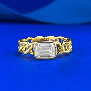 Bague en Argent Sterling 925 avec Zirconia Plaqué Or Zircon Rectangulaire Chaîne Cubaine Creux Bijoux de Mode pour Femme
