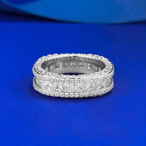 925 Sterlingsilber Quadratischer Prinzess-Schliff Strass Eternity Ring Eleganter Dreireihiger Geometrischer Fingerring Für Damen Schmuck