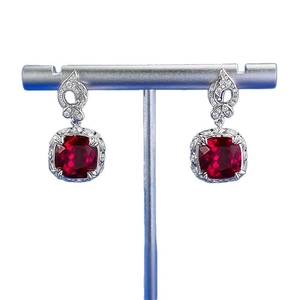 S925 sterling silver drop earrings with cushion-cut red rubies and white cubic zirconia