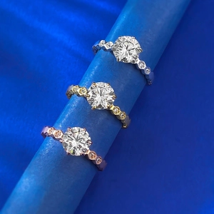 Three-piece S925 silver honeycomb rings with round moissanite stones in three colors