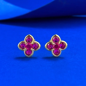 925 Sterling Silver Red Rhinestone Clover Flower Stud Earrings Elegant Gold Plated Vintage Floral Jewelry For Women Gift