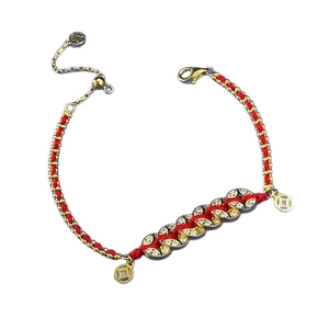 Red braided rope bracelet with five gold coin pendants and sparkling crystal accents