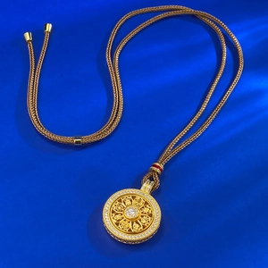 S925 silver rotatable golden compass pendant with eight treasures motif and woven cord necklace