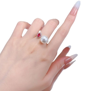 S925 silver open ring featuring 12mm white pearl and pigeon blood red zircon stones