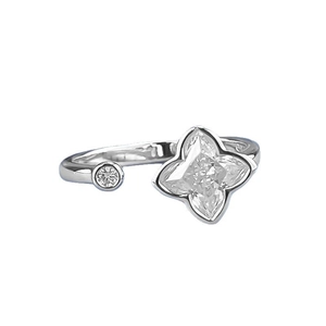 Adjustable S925 silver four-leaf clover flower ring with sparkling clear gemstones