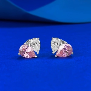 Elegant S925 silver pear-cut pink and white drop earrings on a deep blue background