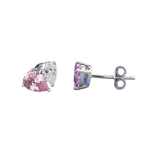 S925 silver pink and white pear-cut double stone stud earrings in a minimalist style