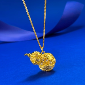 Exquisite S925 silver filigree hollow gourd pendant necklace with gold finish on blue silk
