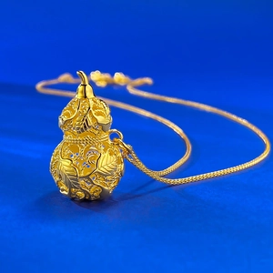 Exquisite hollow S925 silver gourd pendant necklace with gold filigree and vine patterns