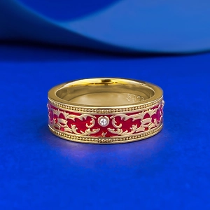 Vintage 925 Sterling Silver Enamel Ring For Women Gold Plated Red Enamel Scrollwork Pattern Rhinestone Inlaid Royal Jewelry