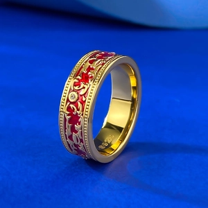 S925 silver gold-plated ring with red enamel scroll pattern and center zircon stone