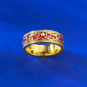 Vintage S925 silver gold-plated ring with red enamel and baroque scroll patterns