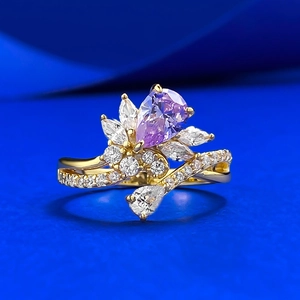 925 Sterling Silver Ring For Women Purple Pear Shaped Rhinestone Gold Plated Floral Cluster Design Sweet Fashion Finger Ring Jewelry