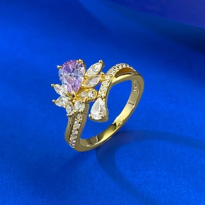 Elegant S925 silver wand ring with pear-cut purple gemstone and leaf cluster accents