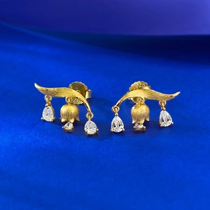 Elegant gold lily of the valley tassel earrings with S925 silver and drop crystals