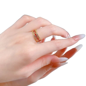 S925 silver ring with red enamel floral pattern and sparkling crystal on model hand
