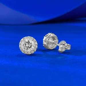 Classic 925 sterling silver round stud earrings with shimmering halo zirconia stones