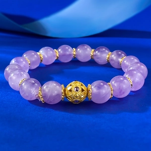 925 Sterling Silver Lavender Amethyst Beaded Bracelet With Gold Hollow Charm Rhinestone Elegant Jewelry For Women