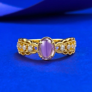 Vintage 925 Sterling Silver Purple Oval Gemstone Ring For Women Luxury Palace Style Gold Plated Rhinestone Lace Hollow Ring